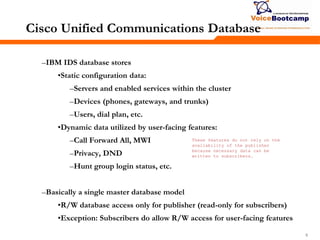 999
Cisco Unified Communications Database
–IBM IDS database stores
•Static configuration data:
–Servers and enabled services within the cluster
–Devices (phones, gateways, and trunks)
–Users, dial plan, etc.
•Dynamic data utilized by user-facing features:
–Call Forward All, MWI
–Privacy, DND
–Hunt group login status, etc.
–Basically a single master database model
•R/W database access only for publisher (read-only for subscribers)
•Exception: Subscribers do allow R/W access for user-facing features
These features do not rely on the
availability of the publisher
because necessary data can be
written to subscribers.
 