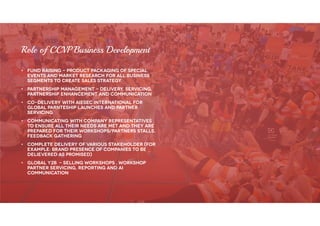 • Fund raising - product packaging of special
events and market research for all business
segments to create sales strategy
• Partnership management - delivery, servicing,
partnership enhancement and communication
• Co-delivery with Aiesec International for
global parnteship launches and partner
servicing
• Communicating with company representatives
to ensure all their needs are met and they are
prepared for their workshops/partners stalls,
feedback gathering
• Complete delivery of various stakeholder (for
example: brand presence of companies to be
delievered as promised)
• Global Y2B - selling workshops , workshop
partner servicing, reporting and AI
communication
Role of CCVP Business Development
 