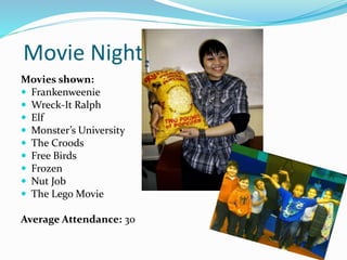 Movie Nights
Movies shown:
 Frankenweenie
 Wreck-It Ralph
 Elf
 Monster’s University
 The Croods
 Free Birds
 Frozen
 Nut Job
 The Lego Movie
Average Attendance: 30
 