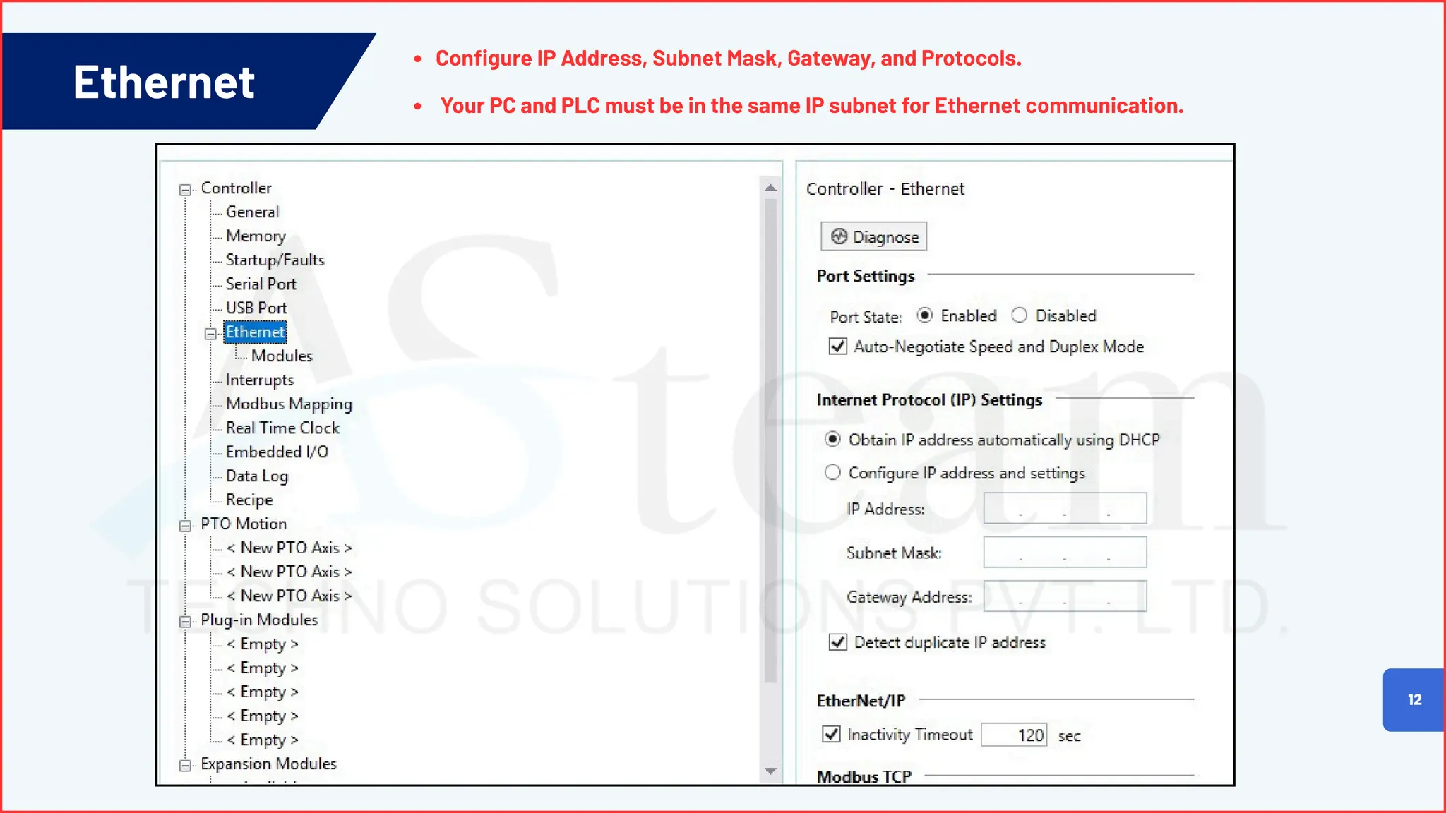 Ethernet
12
Configure IP Address, Subnet Mask, Gateway, and Protocols.
Your PC and PLC must be in the same IP subnet for Ethernet communication.
 