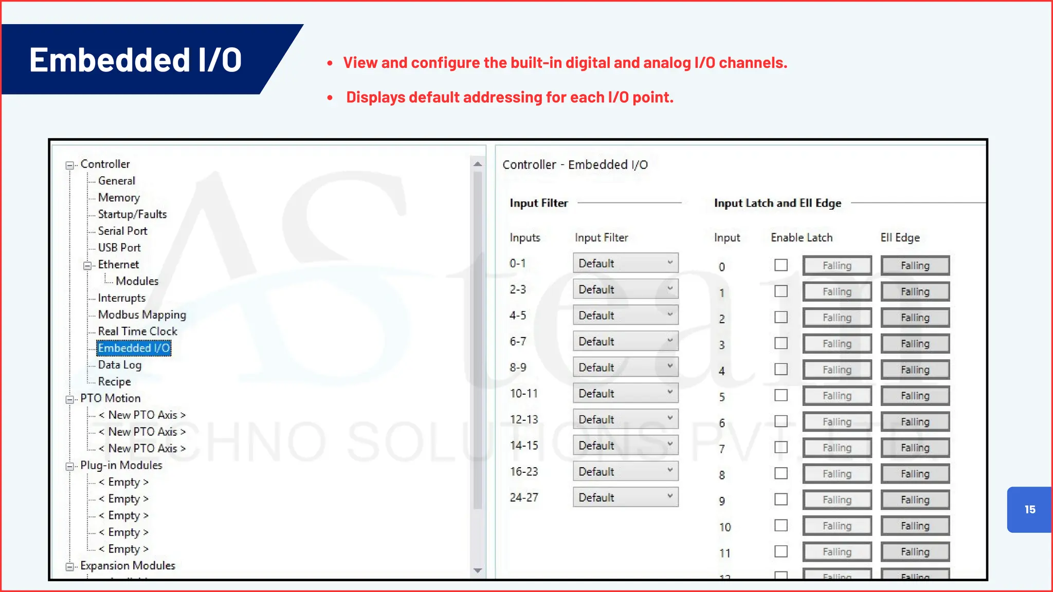 Embedded I/O
15
View and configure the built-in digital and analog I/O channels.
Displays default addressing for each I/O point.
 
