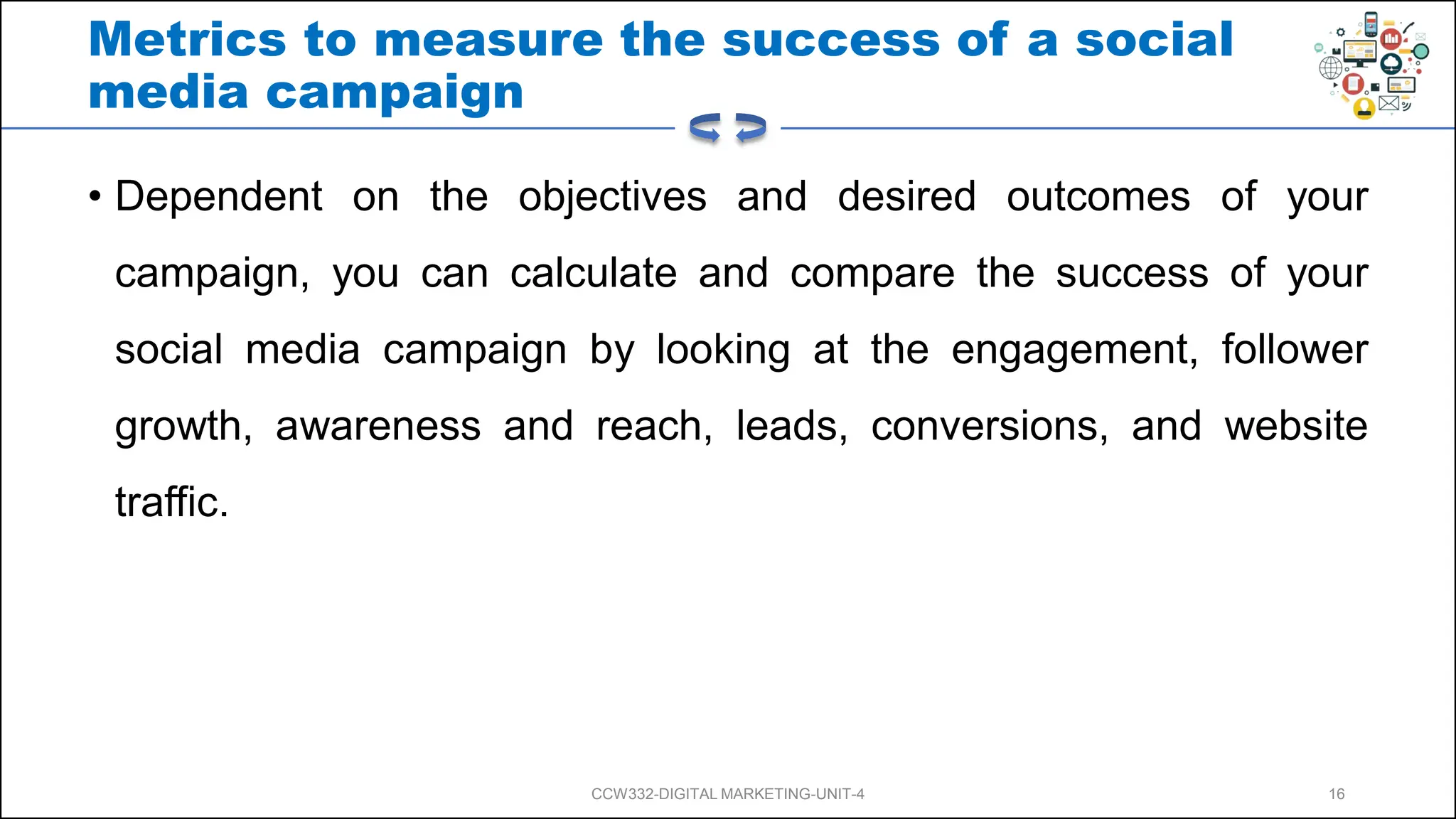 Metrics to measure the success of a social
media campaign
• Dependent on the objectives and desired outcomes of your
campaign, you can calculate and compare the success of your
social media campaign by looking at the engagement, follower
growth, awareness and reach, leads, conversions, and website
traffic.
CCW332-DIGITAL MARKETING-UNIT-4 16
 