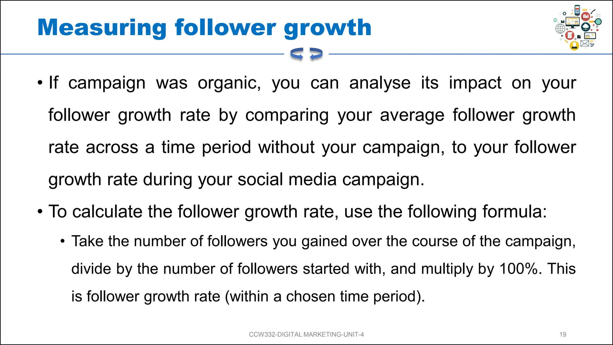 Measuring follower growth
• If campaign was organic, you can analyse its impact on your
follower growth rate by comparing your average follower growth
rate across a time period without your campaign, to your follower
growth rate during your social media campaign.
• To calculate the follower growth rate, use the following formula:
• Take the number of followers you gained over the course of the campaign,
divide by the number of followers started with, and multiply by 100%. This
is follower growth rate (within a chosen time period).
CCW332-DIGITAL MARKETING-UNIT-4 19
 