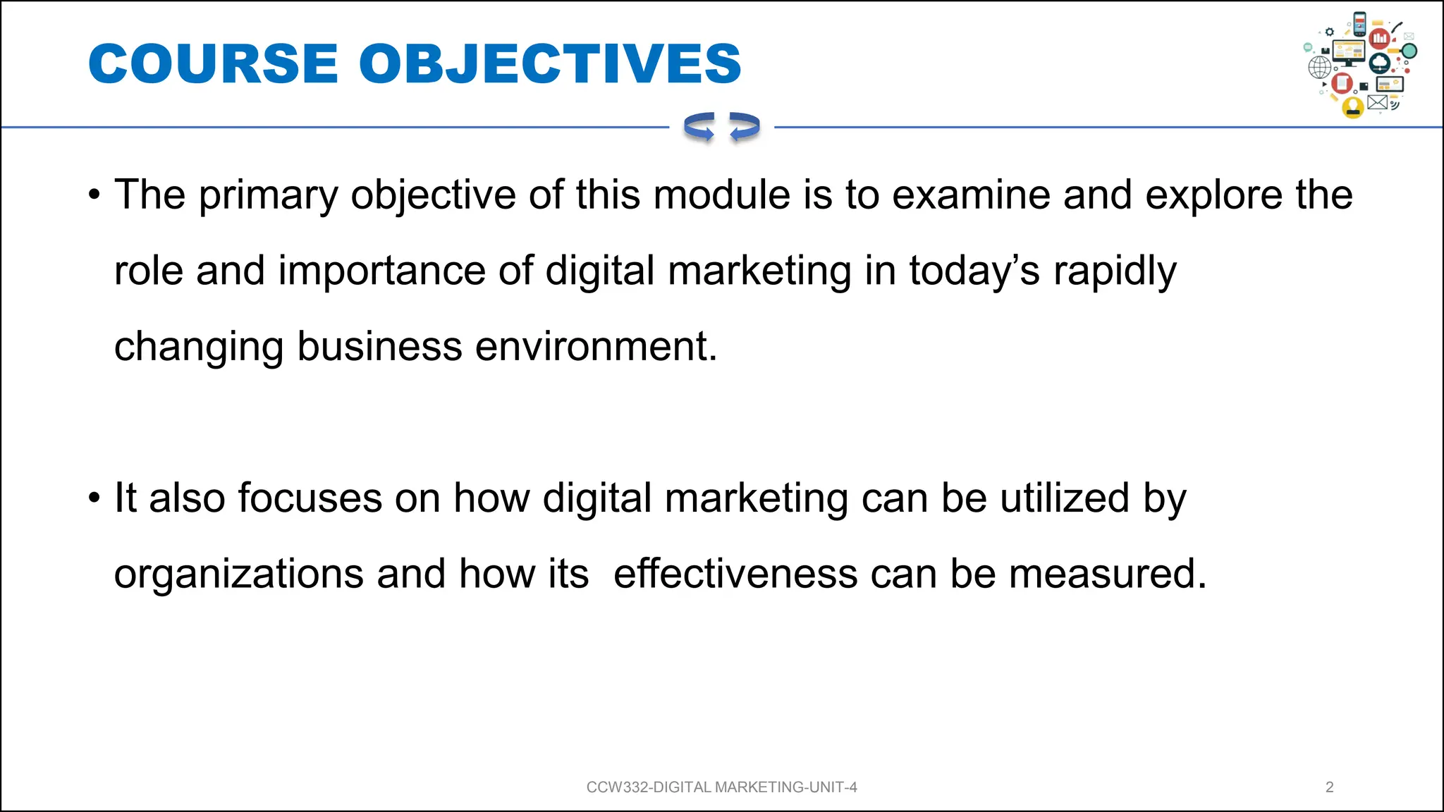 COURSE OBJECTIVES
• The primary objective of this module is to examine and explore the
role and importance of digital marketing in today’s rapidly
changing business environment.
• It also focuses on how digital marketing can be utilized by
organizations and how its effectiveness can be measured.
CCW332-DIGITAL MARKETING-UNIT-4 2
 