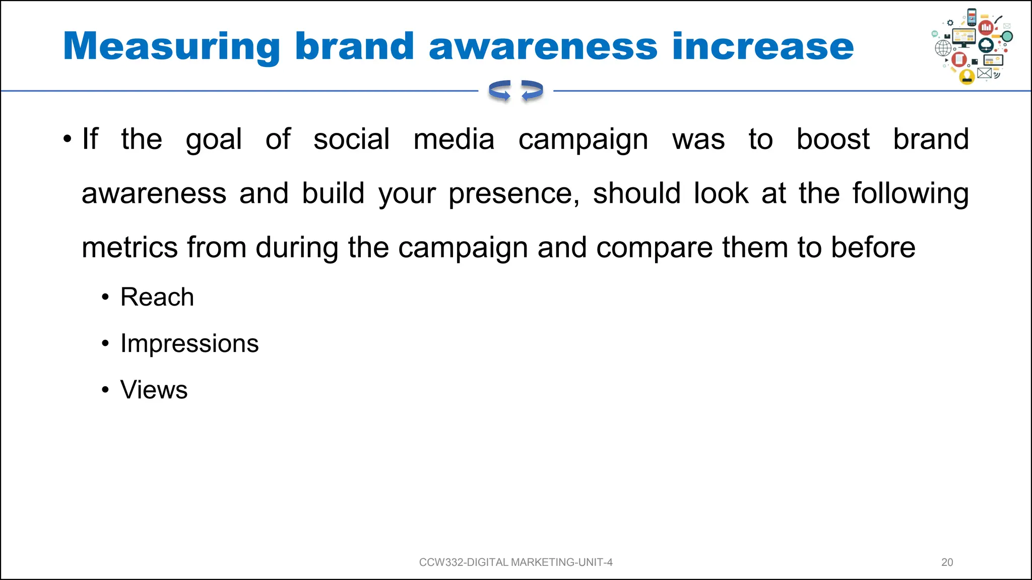 Measuring brand awareness increase
• If the goal of social media campaign was to boost brand
awareness and build your presence, should look at the following
metrics from during the campaign and compare them to before
• Reach
• Impressions
• Views
CCW332-DIGITAL MARKETING-UNIT-4 20
 