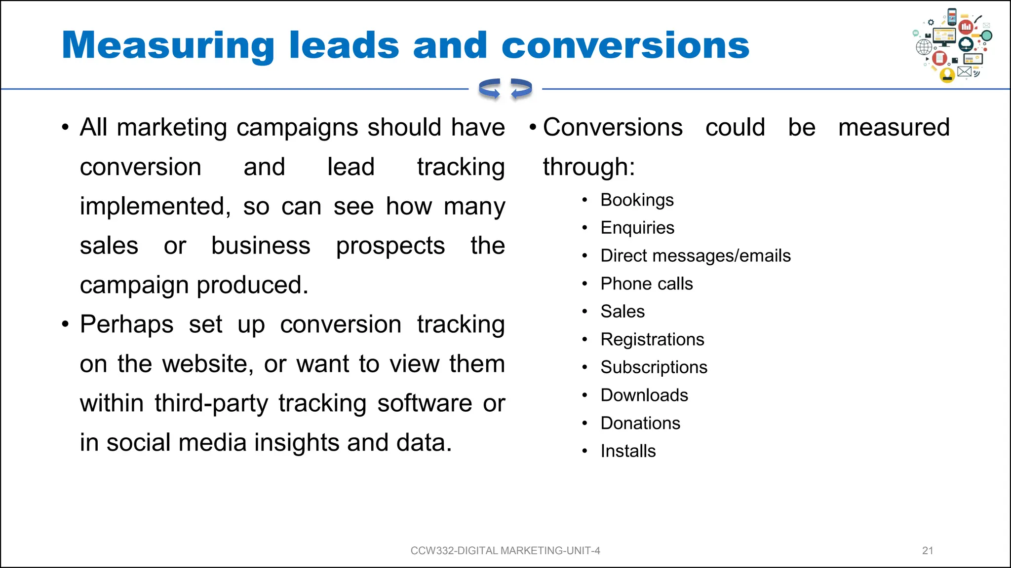 Measuring leads and conversions
• All marketing campaigns should have
conversion and lead tracking
implemented, so can see how many
sales or business prospects the
campaign produced.
• Perhaps set up conversion tracking
on the website, or want to view them
within third-party tracking software or
in social media insights and data.
• Conversions could be measured
through:
• Bookings
• Enquiries
• Direct messages/emails
• Phone calls
• Sales
• Registrations
• Subscriptions
• Downloads
• Donations
• Installs
CCW332-DIGITAL MARKETING-UNIT-4 21
 