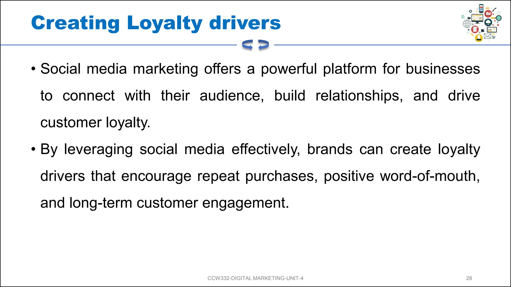 Creating Loyalty drivers
• Social media marketing offers a powerful platform for businesses
to connect with their audience, build relationships, and drive
customer loyalty.
• By leveraging social media effectively, brands can create loyalty
drivers that encourage repeat purchases, positive word-of-mouth,
and long-term customer engagement.
CCW332-DIGITAL MARKETING-UNIT-4 28
 
