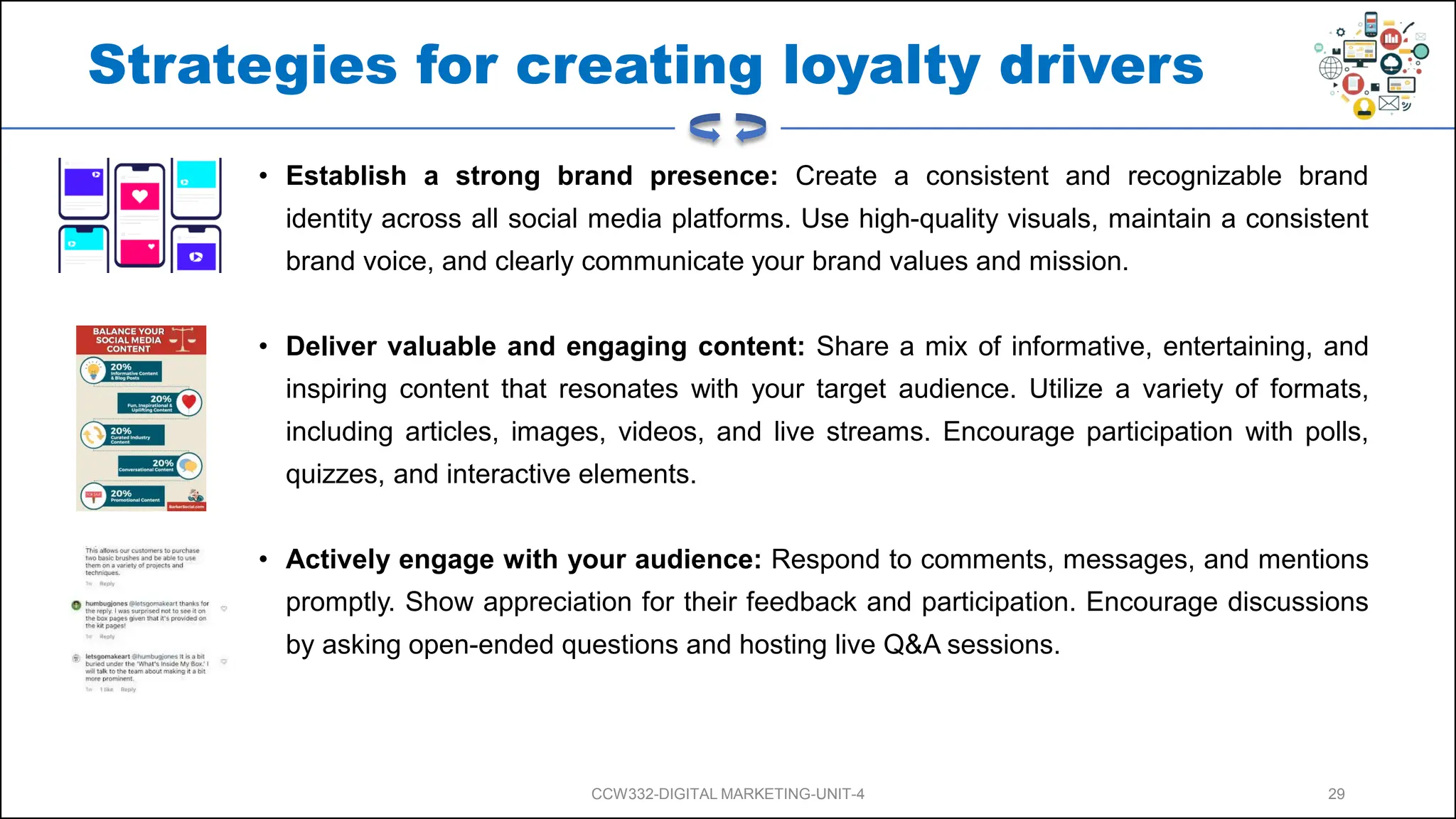 Strategies for creating loyalty drivers
• Establish a strong brand presence: Create a consistent and recognizable brand
identity across all social media platforms. Use high-quality visuals, maintain a consistent
brand voice, and clearly communicate your brand values and mission.
• Deliver valuable and engaging content: Share a mix of informative, entertaining, and
inspiring content that resonates with your target audience. Utilize a variety of formats,
including articles, images, videos, and live streams. Encourage participation with polls,
quizzes, and interactive elements.
• Actively engage with your audience: Respond to comments, messages, and mentions
promptly. Show appreciation for their feedback and participation. Encourage discussions
by asking open-ended questions and hosting live Q&A sessions.
CCW332-DIGITAL MARKETING-UNIT-4 29
 