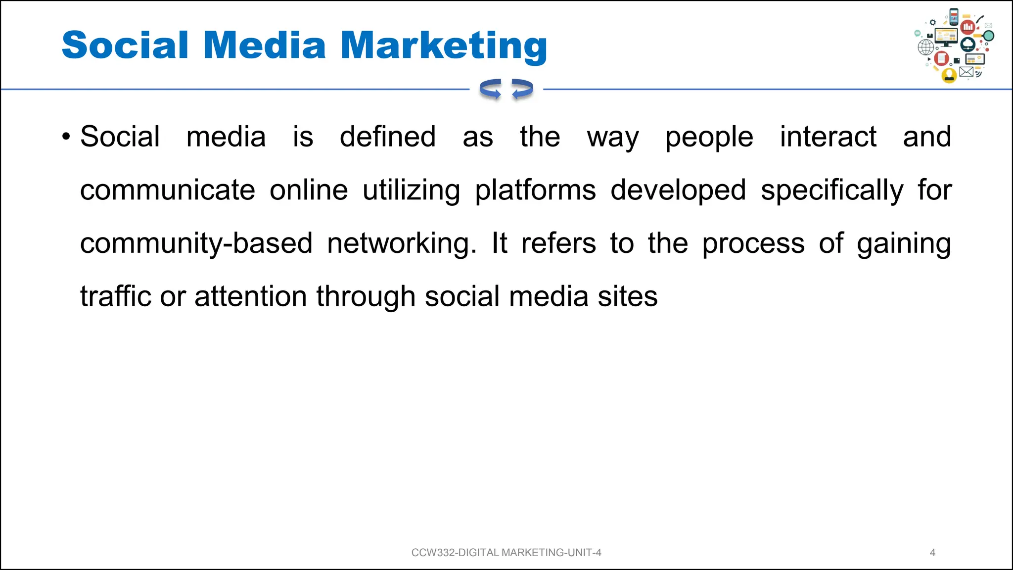 Social Media Marketing
• Social media is defined as the way people interact and
communicate online utilizing platforms developed specifically for
community-based networking. It refers to the process of gaining
traffic or attention through social media sites
CCW332-DIGITAL MARKETING-UNIT-4 4
 