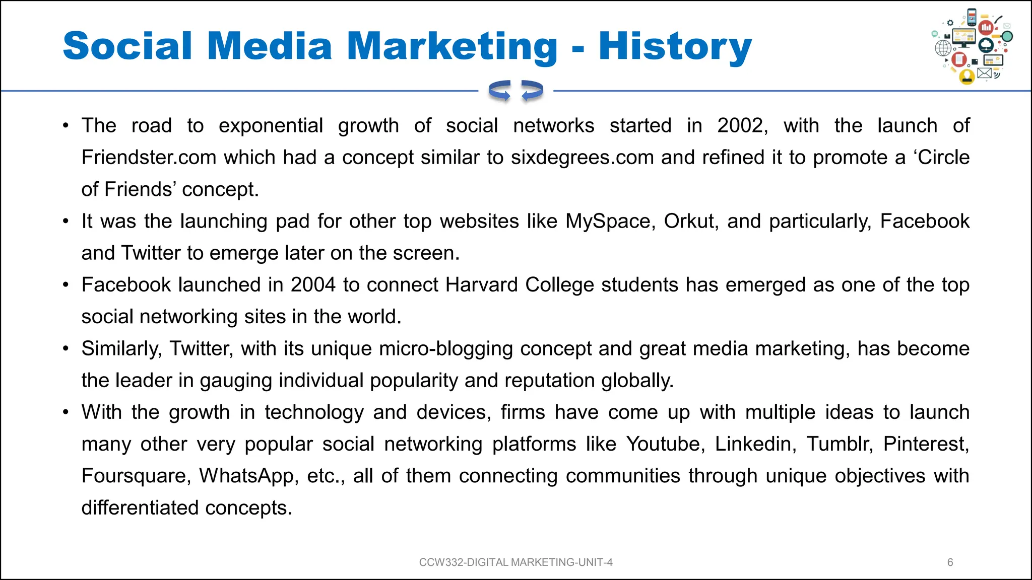Social Media Marketing - History
• The road to exponential growth of social networks started in 2002, with the launch of
Friendster.com which had a concept similar to sixdegrees.com and refined it to promote a ‘Circle
of Friends’ concept.
• It was the launching pad for other top websites like MySpace, Orkut, and particularly, Facebook
and Twitter to emerge later on the screen.
• Facebook launched in 2004 to connect Harvard College students has emerged as one of the top
social networking sites in the world.
• Similarly, Twitter, with its unique micro-blogging concept and great media marketing, has become
the leader in gauging individual popularity and reputation globally.
• With the growth in technology and devices, firms have come up with multiple ideas to launch
many other very popular social networking platforms like Youtube, Linkedin, Tumblr, Pinterest,
Foursquare, WhatsApp, etc., all of them connecting communities through unique objectives with
differentiated concepts.
CCW332-DIGITAL MARKETING-UNIT-4 6
 