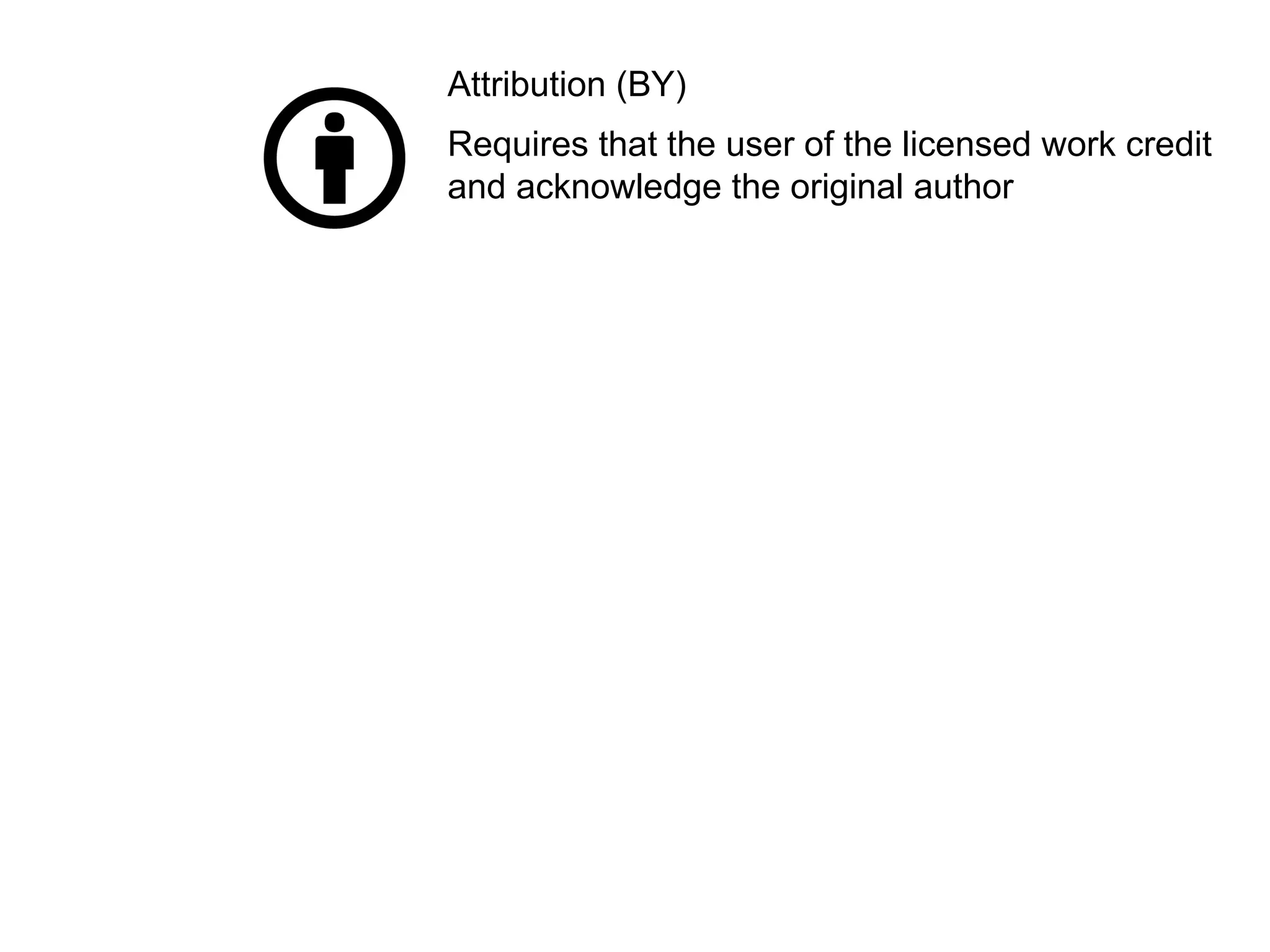 Attribution (BY)
Requires that the user of the licensed work credit
and acknowledge the original author
 