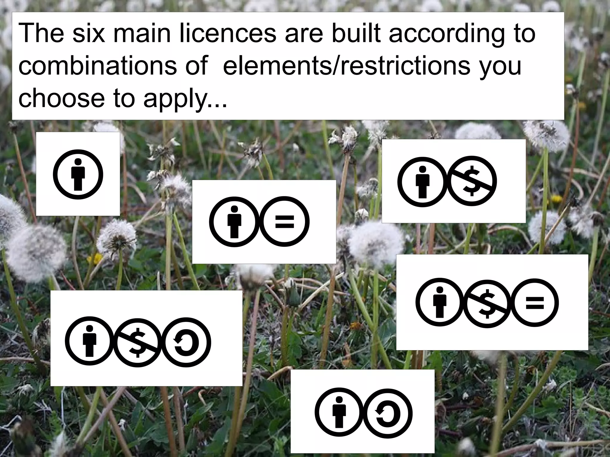 The six main licences are built according to
combinations of elements/restrictions you
choose to apply...
 