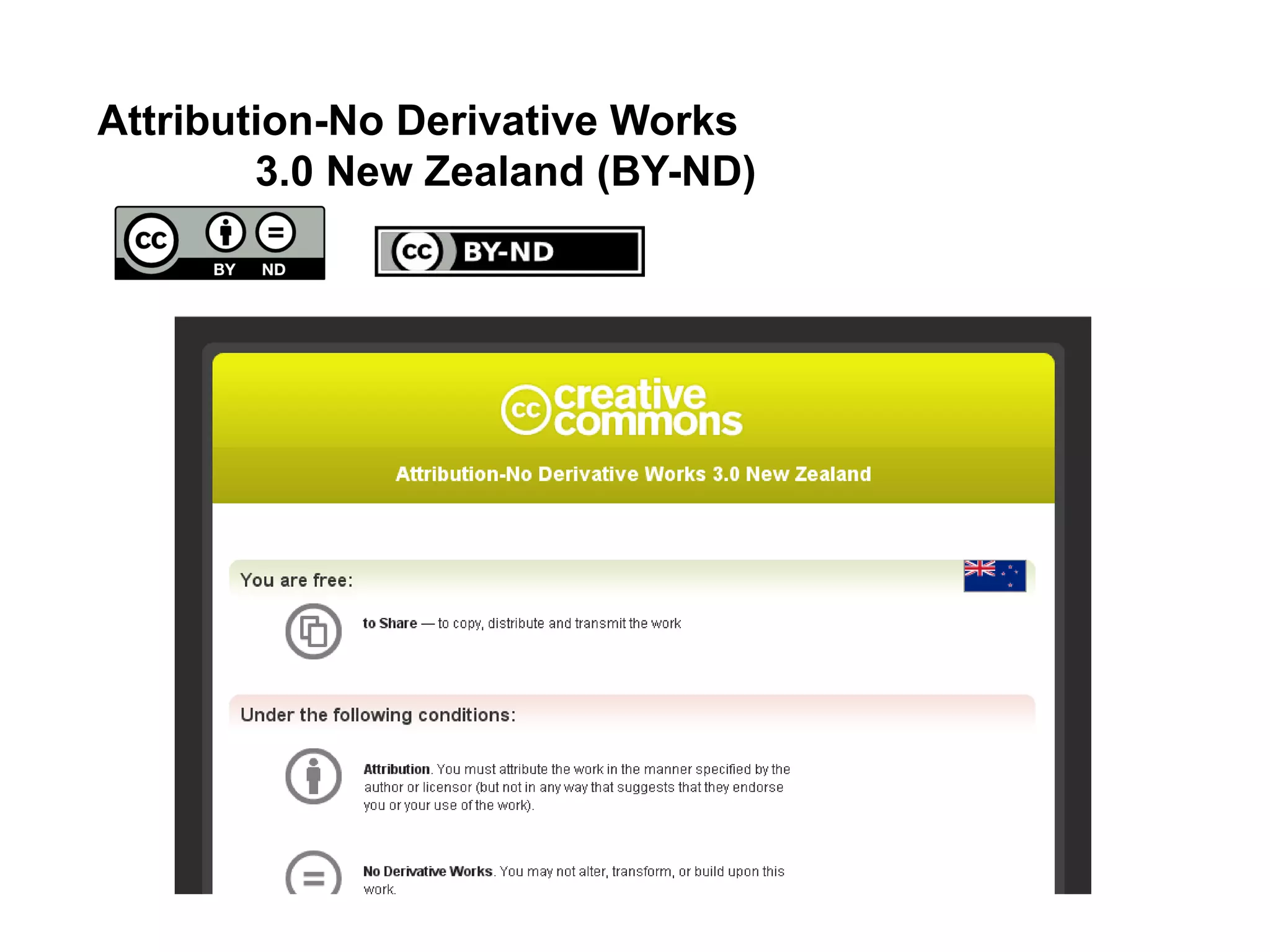 Attribution-No Derivative Works
3.0 New Zealand (BY-ND)
 