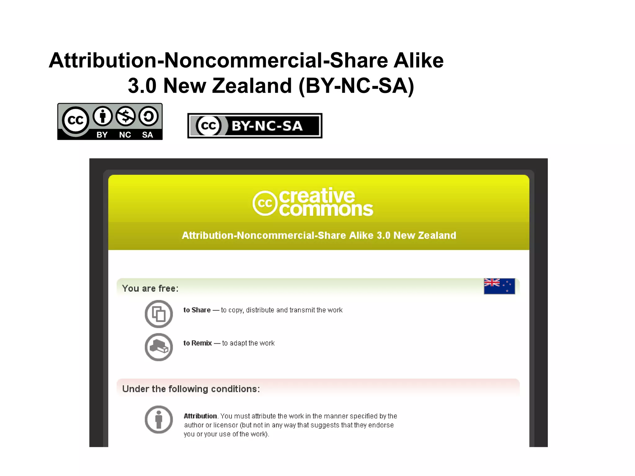 Attribution-Noncommercial-Share Alike
3.0 New Zealand (BY-NC-SA)
 