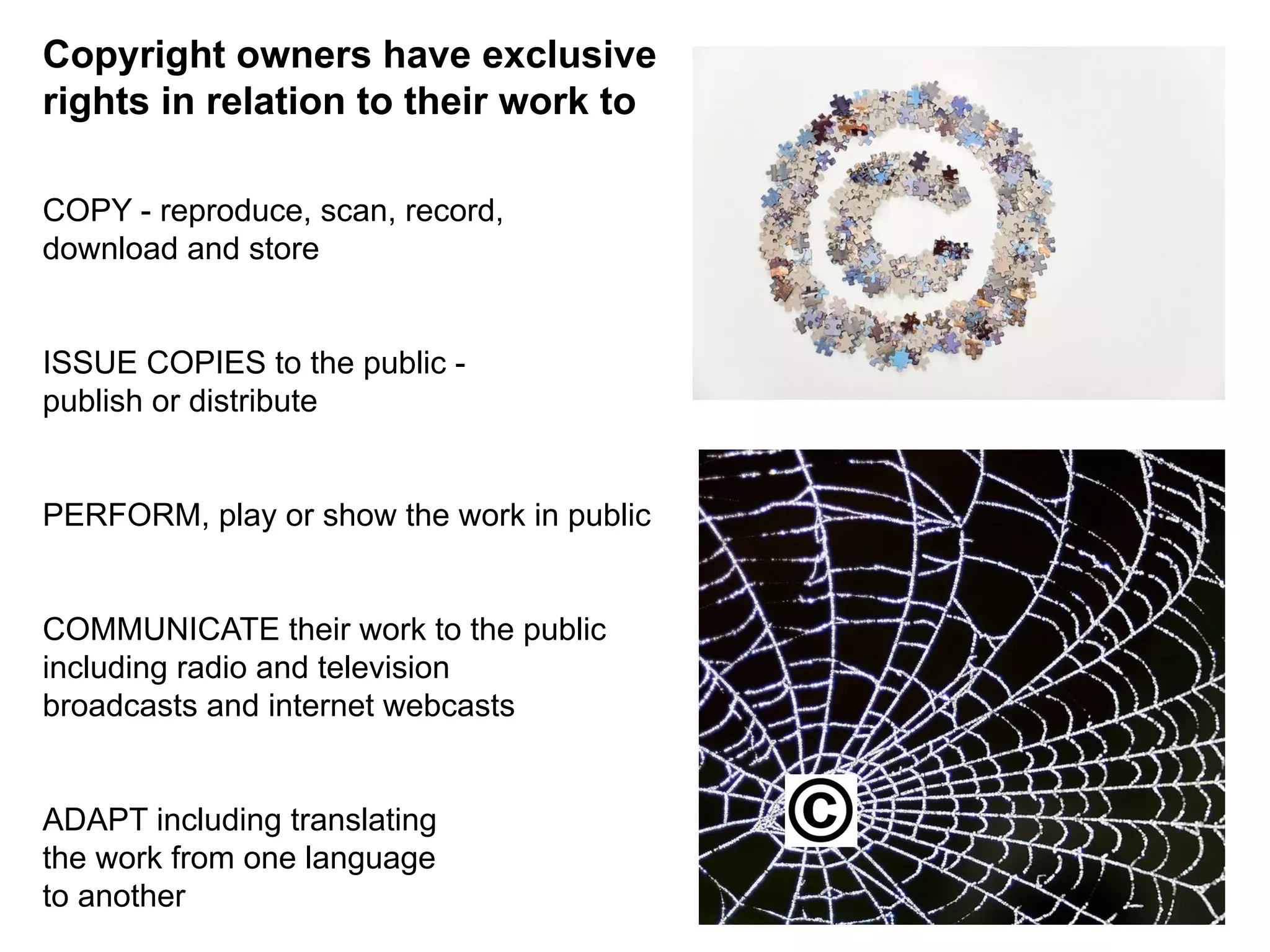 Copyright owners have exclusive
rights in relation to their work to
COPY - reproduce, scan, record,
download and store
ISSUE COPIES to the public -
publish or distribute
PERFORM, play or show the work in public
COMMUNICATE their work to the public
including radio and television
broadcasts and internet webcasts
ADAPT including translating
the work from one language
to another
 