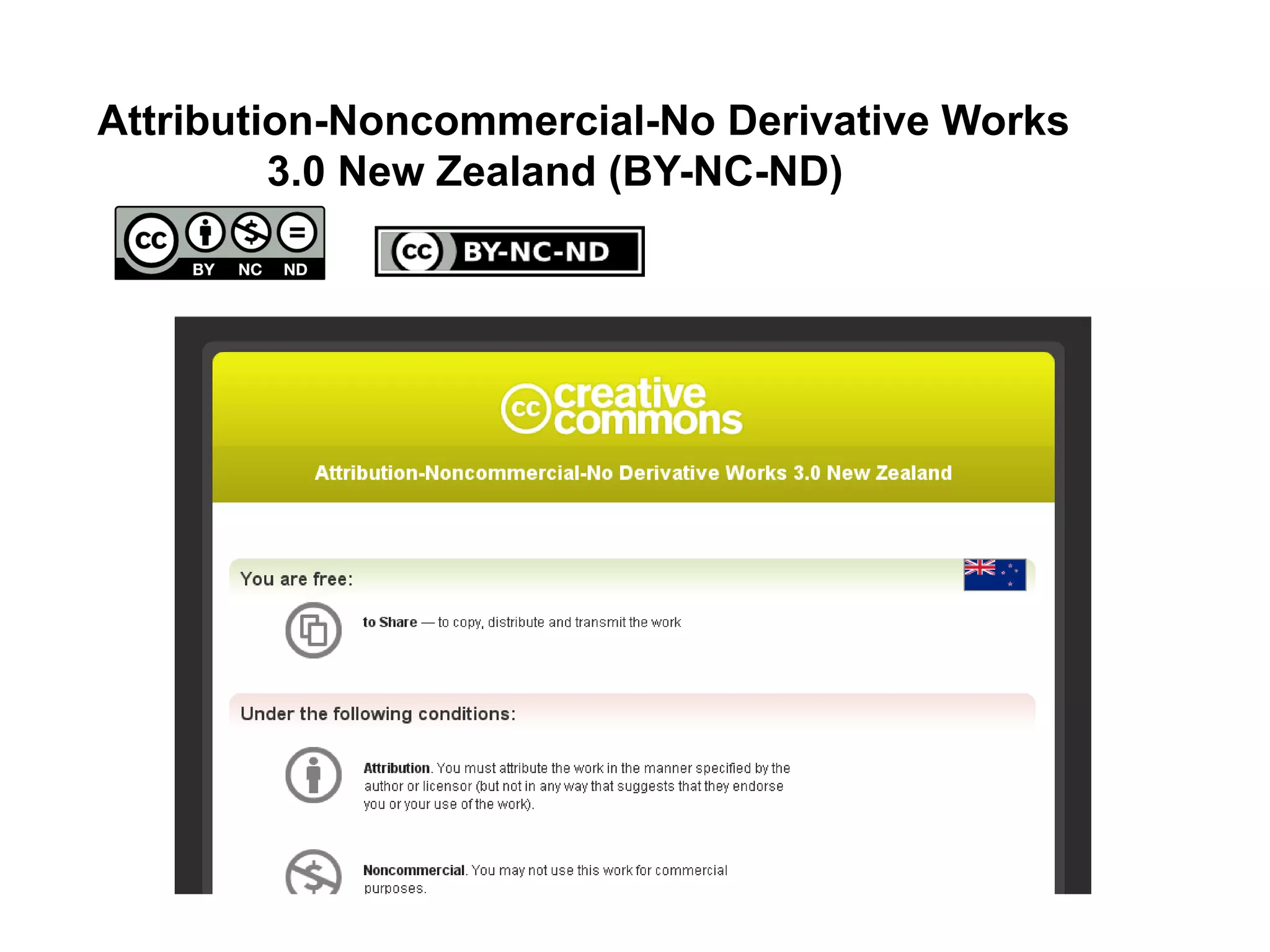 Attribution-Noncommercial-No Derivative Works
3.0 New Zealand (BY-NC-ND)
 