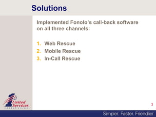 3
Solutions
Implemented Fonolo’s call-back software
on all three channels:
1. Web Rescue
2. Mobile Rescue
3. In-Call Rescue
 