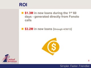 8
ROI
 $1.3M in new loans during the 1st 60
days - generated directly from Fonolo
calls
 $3.2M in new loans (through 4/30/13)
 