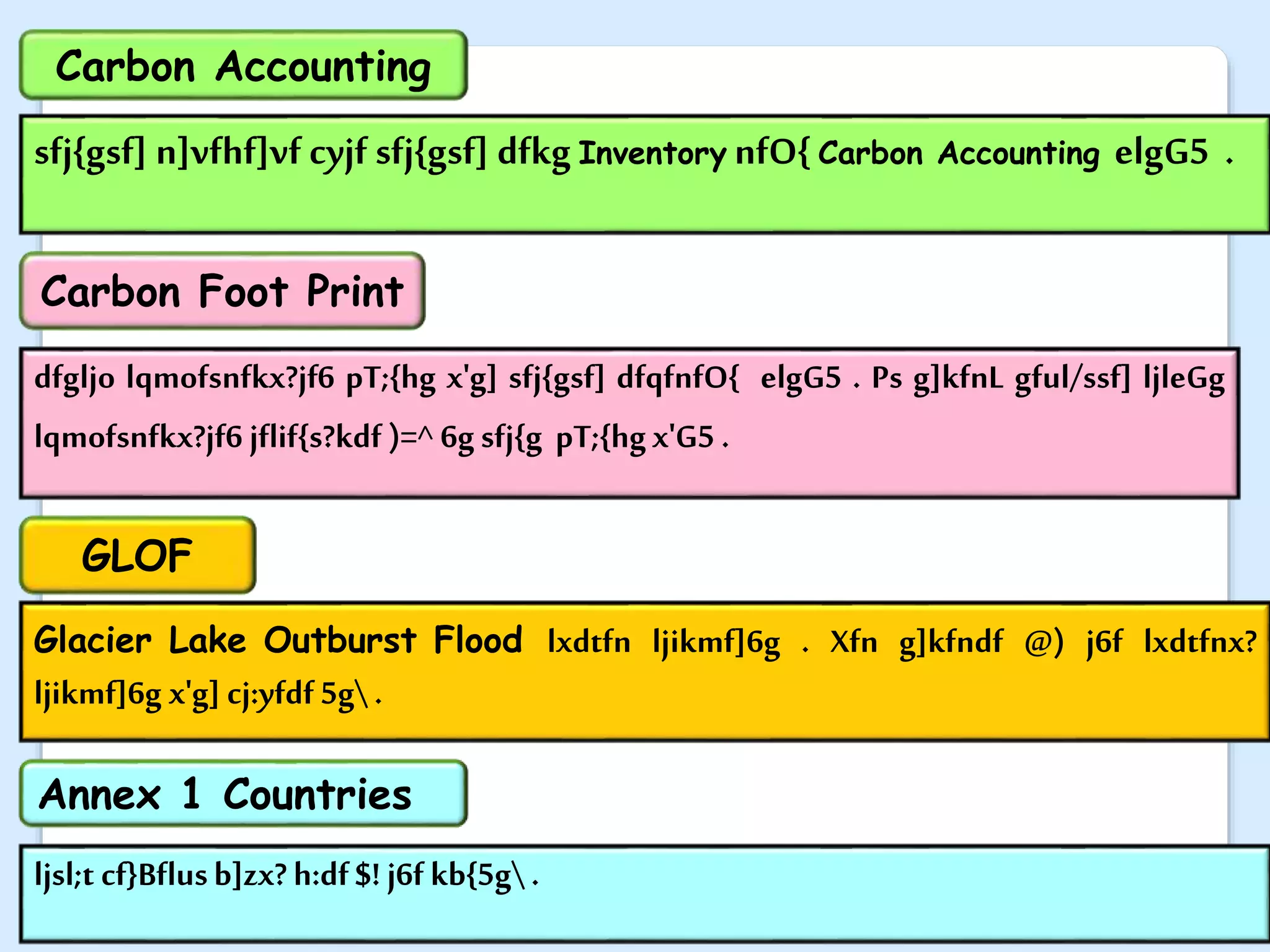 sfj{gsf] n]vfhf]vf cyjf sfj{gsf] dfkg Inventory nfO{ Carbon Accounting elgG5 .
ljsl;t cf}Bflusb]zx? h:df$! j6f kb{5g .
Glacier Lake Outburst Flood lxdtfn ljikmf]6g . Xfn g]kfndf @) j6f lxdtfnx?
ljikmf]6g x'g] cj:yfdf 5g .
dfgljo lqmofsnfkx?jf6 pT;{hg x'g] sfj{gsf] dfqfnfO{ elgG5 . Ps g]kfnL gful/ssf] ljleGg
lqmofsnfkx?jf6 jflif{s?kdf )=^ 6gsfj{g pT;{hgx'G5 .
Carbon Accounting
Carbon Foot Print
GLOF
Annex 1 Countries
 