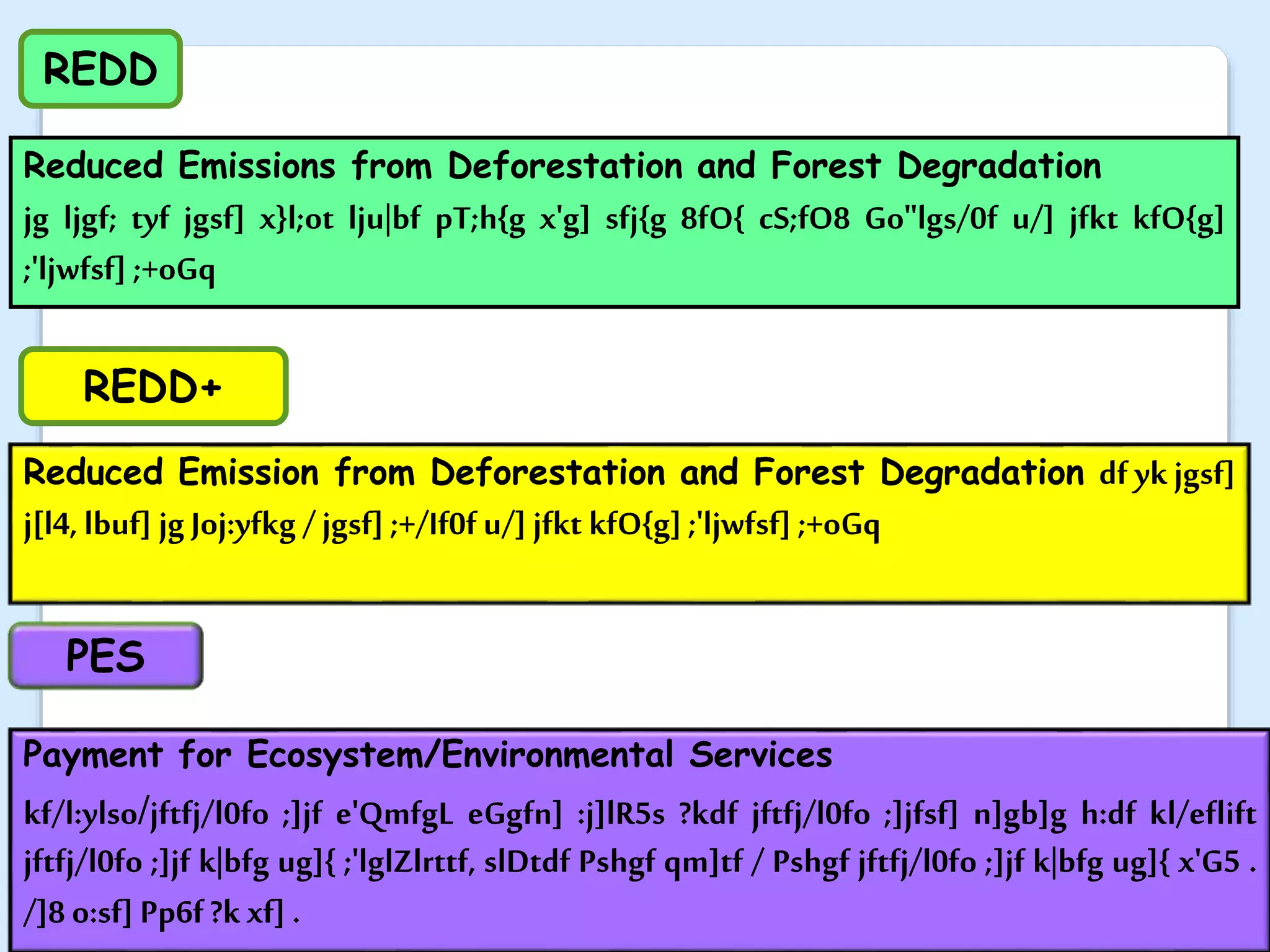Reduced Emission from Deforestation and Forest Degradation df ykjgsf]
j[l4, lbuf] jg Joj:yfkg /jgsf] ;+/If0f u/] jfkt kfO{g] ;'ljwfsf] ;+oGq
Reduced Emissions from Deforestation and Forest Degradation
jg ljgf; tyf jgsf] x}l;ot lju|bf pT;h{g x'g] sfj{g 8fO{ cS;fO8 Go"lgs/0f u/] jfkt kfO{g]
;'ljwfsf] ;+oGq
REDD
REDD+
Payment for Ecosystem/Environmental Services
kf/l:ylso/jftfj/l0fo ;]jf e'QmfgL eGgfn] :j]lR5s ?kdf jftfj/l0fo ;]jfsf] n]gb]g h:df kl/eflift
jftfj/l0fo ;]jf k|bfg ug]{ ;'lglZlrttf, slDtdf Pshgf qm]tf / Pshgf jftfj/l0fo ;]jf k|bfg ug]{ x'G5 .
/]8 o:sf] Pp6f?k xf] .
PES
 