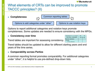 4
www.oeko.de
What elements of CRTs can be improved to promote
TACCC principles? (II)
● Completeness
Options to report additional categories and notation keys promote
completeness. Some updates are needed to ensure consistency with the MPGs.
● Consistency over time
Trend tables are important for assessing consistency.
Trend tables should be updated to allow for different starting years and end
years of the time series.
● Comparability across Parties
A common reporting format promotes comparability. For additional categories
under “other”, it is helpful to use pre-defined drop-down lists.
CRTs for GHG Inventories │Lorenz Moosmann│CCXG│15 September 2020
Common reporting tables
Options to add categories under “other” Options to use notation keys
1990 1991
Total (net emissions)
1. Energy
A. Fuel combustion
(kt CO2 eq)
GREENHOUSE GAS SOURCE
AND SINK CATEGORIES
 