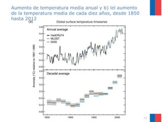 13
Aumento de temperatura media anual y b) lel aumento
de la temperatura media de cada diez años, desde 1850
hasta 2012
 