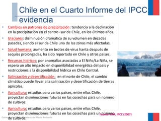 Gobierno de Chile | Ministerio del Medio Ambiente
 Cambios en patrones de precipitación: tendencia a la declinación
en la precipitación en el centro -sur de Chile, en los últimos años.
 Glaciares: disminución dramática de su volumen en décadas
pasadas, siendo el sur de Chile una de las zonas más afectadas.
 Salud humana: aumento en brotes de virus hanta después de
sequías prolongadas, ha sido reportado en Chile y otros países.
 Recursos hídricos: por anomalías asociadas a El Niño/La Niña, se
espera un alto impacto en disponibilidad energética del país y
restricciones a la disponibilidad hídrica en Chile Central.
 Salinización y desertificación: en el norte de Chile, el cambio
climático puede llevar a la salinización y desertificación de tierras
agrícolas.
 Agricultura: estudios para varios países, entre ellos Chile,
proyectan disminuciones futuras en las cosechas para un número
de cultivos.
 Agricultura: estudios para varios países, entre ellos Chile,
proyectan disminuciones futuras en las cosechas para un número
de cultivos.
Chile en el Cuarto Informe del IPCC:
evidencia
Fuente: AR4, IPCC (2007)
 