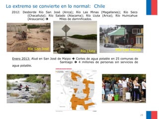 28
Lo extremo se convierte en lo normal: Chile
2012: Desborde Río San José (Arica); Río Las Minas (Magallanes); Río Seco
(Chacalluta); Río Salado (Atacama); Río Lluta (Arica); Río Huincahue
(Araucanía)  Miles de damnificados.
Enero 2013: Alud en San José de Maipo  Cortes de agua potable en 25 comunas de
Santiago  4 millones de personas sin servicios de
agua potable.
Río San José Río Las MinasRío Lluta
 