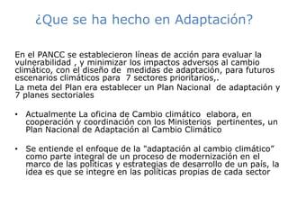 ¿Que se ha hecho en Adaptación?
En el PANCC se establecieron líneas de acción para evaluar la
vulnerabilidad , y minimizar los impactos adversos al cambio
climático, con el diseño de medidas de adaptación, para futuros
escenarios climáticos para 7 sectores prioritarios,.
La meta del Plan era establecer un Plan Nacional de adaptación y
7 planes sectoriales
• Actualmente La oficina de Cambio climático elabora, en
cooperación y coordinación con los Ministerios pertinentes, un
Plan Nacional de Adaptación al Cambio Climático
• Se entiende el enfoque de la "adaptación al cambio climático”
como parte integral de un proceso de modernización en el
marco de las políticas y estrategias de desarrollo de un país, la
idea es que se integre en las políticas propias de cada sector
 