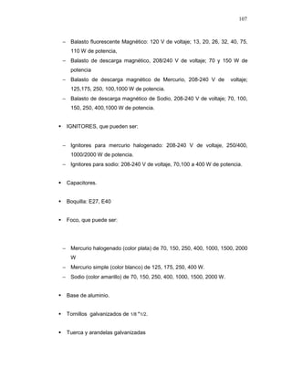 107
− Balasto fluorescente Magnético: 120 V de voltaje; 13, 20, 26, 32, 40, 75,
110 W de potencia,
− Balasto de descarga magnético, 208/240 V de voltaje; 70 y 150 W de
potencia
− Balasto de descarga magnético de Mercurio, 208-240 V de voltaje;
125,175, 250, 100,1000 W de potencia.
− Balasto de descarga magnético de Sodio, 208-240 V de voltaje; 70, 100,
150, 250, 400,1000 W de potencia.
IGNITORES, que pueden ser:
− Ignitores para mercurio halogenado: 208-240 V de voltaje, 250/400,
1000/2000 W de potencia.
− Ignitores para sodio: 208-240 V de voltaje, 70,100 a 400 W de potencia.
Capacitores.
Boquilla: E27, E40
Foco, que puede ser:
− Mercurio halogenado (color plata) de 70, 150, 250, 400, 1000, 1500, 2000
W
− Mercurio simple (color blanco) de 125, 175, 250, 400 W.
− Sodio (color amarillo) de 70, 150, 250, 400, 1000, 1500, 2000 W.
Base de aluminio.
Tornillos galvanizados de 1/8 *1/2.
Tuerca y arandelas galvanizadas
 