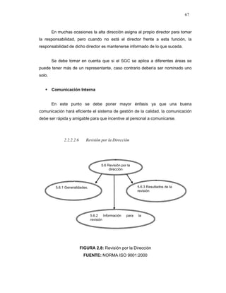 67
En muchas ocasiones la alta dirección asigna al propio director para tomar
la responsabilidad, pero cuando no está el director frente a esta función, la
responsabilidad de dicho director es mantenerse informado de lo que suceda.
Se debe tomar en cuenta que si el SGC se aplica a diferentes áreas se
puede tener más de un representante, caso contrario debería ser nominado uno
solo.
Comunicación Interna
En este punto se debe poner mayor énfasis ya que una buena
comunicación hará eficiente el sistema de gestión de la calidad, la comunicación
debe ser rápida y amigable para que incentive al personal a comunicarse.
2.2.2.2.6 Revisión por la Dirección
FIGURA 2.8: Revisión por la Dirección
FUENTE: NORMA ISO 9001:2000
5.6 Revisión por la
dirección
5.6.1 Generalidades. 5.6.3 Resultados de la
revisión
5.6.2 Información para la
revisión
 