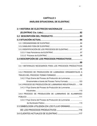 9
CAPÍTULO 3
ANÁLISIS SITUACIONAL DE ELENTRAC
3.1 HISTORIA DE ELECTRICOS NACIONALES ......................................
(ELENTRAC Cia. Ltda.).........................................................................82
3.2 DESCRIPCIÓN DEL PRODUCTO......................................................83
3.3 SITUACIÓN ACTUAL.............................................................................84
3.3.1 ORGANIGRAMA DE ELENTRAC.............................................................84
3.3.2 ANÁLISIS FODA DE ELENTRAC.............................................................86
3.3.3 IDENTIFICACIÓN DE LOS PROCESOS DE ELENTRAC........................87
3.3.3.1 Vista Panorámica de ELENTRAC......................................................87
3.3.3.2 Procesos de ELENTRAC ..................................................................88
3.4 DESCRIPCIÓN DE LOS PROCESOS PRODUCTIVOS.....................
......................................................................................................................89
3.4.1 MATERIALES NECESARIOS PARA LOS PROCESOS PRODUCTIVOS
...........................................................................................................................90
3.4.2 PROCESO DE PRODUCCIÓN DE LUMINARIAS ORNAMENTALES A
TRAVES DEL PROCESO TERMO FORMADO ................................................92
3.4.2.1 Flujo Grama del Proceso de Producción de Luminarias ........................
Ornamentales a través del Proceso Termo Formado ......................103
3.4.3 PROCESO DE PRODUCCIÓN DE LUMINARIAS INDUSTRIALES.......106
3.4.3.1 Flujo Grama del Proceso de Producción de Luminarias .......................
Industriales.......................................................................................110
3.4.4 PROCESO DE PRODUCCIÓN DE LUMINARIAS DE ALUMBRADO
PÚBLICO.........................................................................................................111
3.4.4.1 Flujo Grama del Proceso de Producción de Luminarias .......................
de Alumbrado Público .....................................................................115
3.5 SIMBOLOGÍA UTILIZADA EN LOS FLUJO GRAMAS.........................
DE LOS PROCESOS PRODUCTIVOS ............................................116
3.6 CLIENTES ACTUALES DE ELENTRAC ..........................................117
 