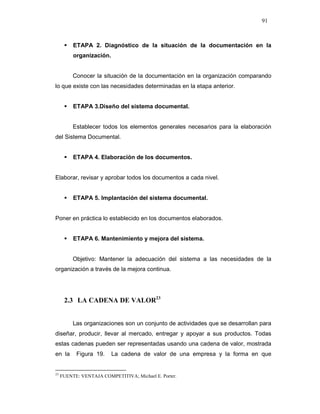 91
ETAPA 2. Diagnóstico de la situación de la documentación en la
organización.
Conocer la situación de la documentación en la organización comparando
lo que existe con las necesidades determinadas en la etapa anterior.
ETAPA 3.Diseño del sistema documental.
Establecer todos los elementos generales necesarios para la elaboración
del Sistema Documental.
ETAPA 4. Elaboración de los documentos.
Elaborar, revisar y aprobar todos los documentos a cada nivel.
ETAPA 5. Implantación del sistema documental.
Poner en práctica lo establecido en los documentos elaborados.
ETAPA 6. Mantenimiento y mejora del sistema.
Objetivo: Mantener la adecuación del sistema a las necesidades de la
organización a través de la mejora continua.
2.3 LA CADENA DE VALOR23
Las organizaciones son un conjunto de actividades que se desarrollan para
diseñar, producir, llevar al mercado, entregar y apoyar a sus productos. Todas
estas cadenas pueden ser representadas usando una cadena de valor, mostrada
en la Figura 19. La cadena de valor de una empresa y la forma en que
23
FUENTE: VENTAJA COMPETITIVA; Michael E. Porter.
 