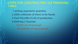 STEPS FOR CONSTRUCTING SLR PARSERING
TABLE:
1.writing arguments grammer.
2.LR(O) collection of items to be found.
3.Find F...