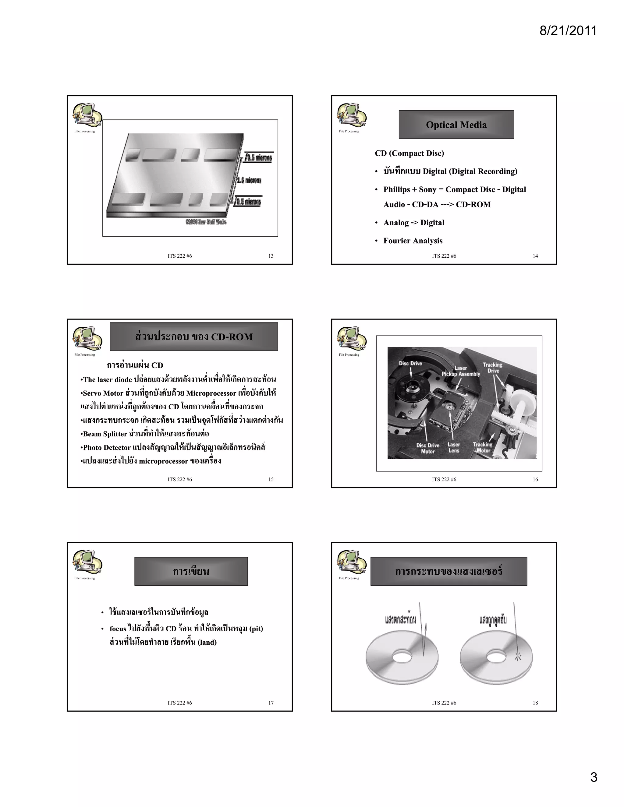8/21/2011




File Processing                                                                 File Processing
                                                                                                                Optical Media
                                                                                                  CD (Compact Disc)
                                                                                                  • บันทึกแบบ Digital (Digital Recording)
                                                                                                  • Phillips + Sony = Compact Disc - Digital
                                                                                                    Audio - CD-DA ---> CD-ROM
                                                                                                             CD- ---> CD-
                                                                                                  • Analog -> Digital
                                                                                                  • Fourier Analysis
                                        ITS 222 #6                         13                                    ITS 222 #6                    14




                             ส่ วนประกอบ ของ CD-ROM
                                             CD-
File Processing                                                                 File Processing

                   การอ่ านแผ่ น CD
                          นแผ่
    •The laser diode ปล่ อยแสงด้ วยพลังงานตํ่าเพือให้ เกิดการสะท้ อน
                                                     ่
    •Servo Motor ส่ วนทีถูกบังคับด้ วย Microprocessor เพือบังคับให้
                          ่                                ่
    แสงไปตําแหน่่ งที่ถูกต้้ องของ CD โ
        ไป ํ          ี               โดยการเคลือนทีี่ของกระจก
                                                  ื่
    •แสงกระทบกระจก เกิดสะท้ อน รวมเป็ นจุดโฟกัสที่สว่ างแตกต่ างกัน
    •Beam Splitter ส่ วนที่ทําให้ แสงสะท้ อนต่ อ
                                           นต่
    •Photo Detector แปลงสั ญญาณให้ เป็ นสั ญญาณอิเล็กทรอนิคส์
                                                ญาณ
    •แปลงและส่ งไปยัง microprocessor ของเครื่อง
                                        ITS 222 #6                         15                                    ITS 222 #6                    16




File Processing
                                          การเขียน                              File Processing
                                                                                                       การกระทบของแสงเลเซอร์

                  • ใช้ แสงเลเซอร์ ในการบันทึกข้ อมูล
                  • focus ไปยังพืนผิว CD ร้ อน ทําให้ เกิดเป็ นหลม (pit)
                    f ไปยงพนผว รอน ทาใหเกดเปนหลุม ( it)
                                   ้
                    ส่ วนที่ไม่ โดยทําลาย เรียกพืน (land)
                                                 ้




                                        ITS 222 #6                         17                                    ITS 222 #6                    18




                                                                                                                                                           3
 