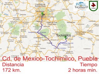 Cd. de Mexico-Tochimilco, Puebla
Distancia Tiempo
172 km. 2 horas min.
Autopista Mex-Cuernavaca
Entronque Jantetelco
Autopista Siglo XXI
Tochimilco
 