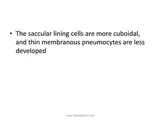 • The saccular lining cells are more cuboidal,
and thin membranous pneumocytes are less
developed
www.dnbpediatrics.com
 
