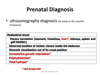 Prenatal Diagnosis
• ultrasonography diagnosis (as early as the second
trimester)
Mediastinal shunt
Viscera herniation (stomach, intestines, liver*, kidneys, spleen and
gall bladder)
Abnormal position of certain viscera inside the abdomen
Stomach visualization out of its usual position
Intrauterine growth retardation*
Polyhydramnios*
Fetal hydrops*
* bad prognosis
www.dnbpediatrics.com
 
