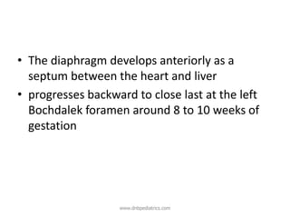 • The diaphragm develops anteriorly as a
septum between the heart and liver
• progresses backward to close last at the left
Bochdalek foramen around 8 to 10 weeks of
gestation
www.dnbpediatrics.com
 