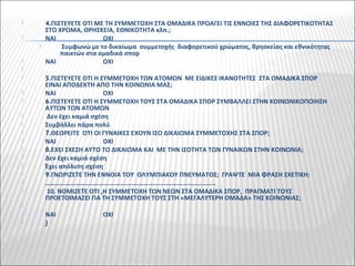  4.ΠΙΣΤΕΥΕΤΕ ΟΤΙ ΜΕ ΤΗ ΣΥΜΜΕΤΟΧΗ ΣΤΑ ΟΜΑΔΙΚΑ ΠΡΟΑΓΕΙ ΤΙΣ ΕΝΝΟΙΕΣ ΤΗΣ ΔΙΑΦΟΡΕΤΙΚΟΤΗΤΑΣ
ΣΤΟ ΧΡΩΜΑ, ΘΡΗΣΚΕΙΑ, ΕΘΝΙΚΟΤΗΤΑ κλπ.;
 ΝΑΙ ΟΧΙ
 Συμφωνώ με το δικαίωμα συμμετοχής διαφορετικού χρώματος, θρησκείας και εθνικότητας
παικτών στα ομαδικά σπορ
 ΝΑΙ ΟΧΙ

 5.ΠΙΣΤΕΥΕΤΕ ΟΤΙ Η ΣΥΜΜΕΤΟΧΗ ΤΩΝ ΑΤΟΜΩΝ ΜΕ ΕΙΔΙΚΕΣ ΙΚΑΝΟΤΗΤΕΣ ΣΤΑ ΟΜΑΔΙΚΑ ΣΠΟΡ
ΕΙΝΑΙ ΑΠΟΔΕΚΤΗ ΑΠΟ ΤΗΝ ΚΟΙΝΩΝΙΑ ΜΑΣ;
 ΝΑΙ ΟΧΙ
 6.ΠΙΣΤΕΥΕΤΕ ΟΤΙ Η ΣΥΜΜΕΤΟΧΗ ΤΟΥΣ ΣΤΑ ΟΜΑΔΙΚΑ ΣΠΟΡ ΣΥΜΒΑΛΛΕΙ ΣΤΗΝ ΚΟΙΝΩΝΙΚΟΠΟΙΗΣΗ
ΑΥΤΩΝ ΤΩΝ ΑΤΟΜΩΝ
 Δεν έχει καμιά σχέση
 Συμβάλλει πάρα πολύ
 7.ΘΕΩΡΕΙΤΕ ΟΤΙ ΟΙ ΓΥΝΑΙΚΕΣ ΕΧΟΥΝ ΙΣΟ ΔΙΚΑΙΩΜΑ ΣΥΜΜΕΤΟΧΗΣ ΣΤΑ ΣΠΟΡ;
 ΝΑΙ ΟΧΙ
 8.ΕΧΕΙ ΣΧΕΣΗ ΑΥΤΟ ΤΟ ΔΙΚΑΙΩΜΑ ΚΑΙ ΜΕ ΤΗΝ ΙΣΟΤΗΤΑ ΤΩΝ ΓΥΝΑΙΚΩΝ ΣΤΗΝ ΚΟΙΝΩΝΙΑ;
 Δεν έχει καμιά σχέση
 Έχει απόλυτη σχέση
 9.ΓΝΩΡΙΖΕΤΕ ΤΗΝ ΕΝΝΟΙΑ ΤΟΥ ΟΛΥΜΠΙΑΚΟΥ ΠΝΕΥΜΑΤΟΣ; ΓΡΑΨΤΕ ΜΙΑ ΦΡΑΣΗ ΣΧΕΤΙΚΗ:
 …………………………………………………………………………………………..
 10. ΝΟΜΙΖΕΤΕ ΟΤΙ ,Η ΣΥΜΜΕΤΟΧΗ ΤΩΝ ΝΕΩΝ ΣΤΑ ΟΜΑΔΙΚΑ ΣΠΟΡ, ΠΡΑΓΜΑΤΙ ΤΟΥΣ
ΠΡΟΕΤΟΙΜΑΖΕΙ ΓΙΑ ΤΗ ΣΥΜΜΕΤΟΧΗ ΤΟΥΣ ΣΤΗ «ΜΕΓΑΛΥΤΕΡΗ ΟΜΑΔΑ» ΤΗΣ ΚΟΙΝΩΝΙΑΣ;

 ΝΑΙ ΟΧΙ
 )
 
