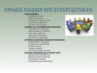 ΠΑΙΔΙ-ΠΑΙΧΝΙΔΙ:
 ΣΙΚΟΒΑΡΗ ΕΛΕΝΗ
 ΣΙΜΟΥ ΘΕΟΔΩΡΑ
 ΣΚΑΠΕΡΔΑ ΚΩΝΣΤΑΝΤΙΝΑ
 ΣΤΑΥΡΙΔΟΥ ΔΗΜΗΤΡΑ
 ΤΣΑΤΣΟΥ ΕΥΑΓΓΕΛΙΑ
ΠΑΙΧΝΙΔΙ ΚΑΙ ΨΥΧΟΚΙΝΗΤΙΚΗ ΕΠΙΔΡΑΣΗ:
 ΑΝΑΓΝΩΣΤΟΥ ΧΡΙΣΤΙΝΑ
 ΔΕΛΗΓΙΑΝΝΙΔΟΥ ΜΕΛΙΝΑ
 ΔΡΑΓΑΤΗ ΔΗΜΗΤΡΑ
 ΚΑΪΔΑΤΖΗ ΒΑΣΙΛΙΚΗ
 ΜΠΑΝΙΩΤΟΥ ΝΕΦΕΛΗΣ
ΙΣΤΟΡΙΚΗ ΑΝΑΔΡΟΜΗ ΟΜΑΔΙΚΩΝ ΠΑΙΧΝΙΔΙΩΝ:
 ΣΕΜΕΡΤΖΙΔΗΣ ΜΙΧΑΛΗΣ
 ΣΙΑΚΑΒΑΡΑΣ ΔΗΜΗΤΡΗΣ
 ΤΑΠΚΟΣ ΗΛΙΑΣ
 ΤΑΠΚΟΣ ΘΩΜΑΣ
 ΤΡΑΠΕΖΑΝΛΙΔΗΣ ΠΑΥΛΟΣ
ΚΑΝΟΝΕΣ ΟΜΑΔΙΚΩΝ ΚΑΙ Ο ΡΟΛΟΣ ΤΟΥΣ:
 ΑΜΑΝΑΤΙΔΗΣ ΔΗΜΗΤΡΗΣ
 ΜΑΡΚΑΔΟΥΝΗΣ ΧΡΗΣΤΟΣ
 ΜΠΟΖΙΝΗΣ ΣΤΕΛΙΟΣ
 ΠΑΠΑΔΟΠΟΥΛΟΣ ΚΥΡΙΑΚΟΣ
ΠΑΙΔΙ-ΠΑΙΧΝΙΔΙ:
 ΣΙΚΟΒΑΡΗ ΕΛΕΝΗ
 ΣΙΜΟΥ ΘΕΟΔΩΡΑ
 ΣΚΑΠΕΡΔΑ ΚΩΝΣΤΑΝΤΙΝΑ
 ΣΤΑΥΡΙΔΟΥ ΔΗΜΗΤΡΑ
 ΤΣΑΤΣΟΥ ΕΥΑΓΓΕΛΙΑ
ΠΑΙΧΝΙΔΙ ΚΑΙ ΨΥΧΟΚΙΝΗΤΙΚΗ ΕΠΙΔΡΑΣΗ:
 ΑΝΑΓΝΩΣΤΟΥ ΧΡΙΣΤΙΝΑ
 ΔΕΛΗΓΙΑΝΝΙΔΟΥ ΜΕΛΙΝΑ
 ΔΡΑΓΑΤΗ ΔΗΜΗΤΡΑ
 ΚΑΪΔΑΤΖΗ ΒΑΣΙΛΙΚΗ
 ΜΠΑΝΙΩΤΟΥ ΝΕΦΕΛΗΣ
ΙΣΤΟΡΙΚΗ ΑΝΑΔΡΟΜΗ ΟΜΑΔΙΚΩΝ ΠΑΙΧΝΙΔΙΩΝ:
 ΣΕΜΕΡΤΖΙΔΗΣ ΜΙΧΑΛΗΣ
 ΣΙΑΚΑΒΑΡΑΣ ΔΗΜΗΤΡΗΣ
 ΤΑΠΚΟΣ ΗΛΙΑΣ
 ΤΑΠΚΟΣ ΘΩΜΑΣ
 ΤΡΑΠΕΖΑΝΛΙΔΗΣ ΠΑΥΛΟΣ
ΚΑΝΟΝΕΣ ΟΜΑΔΙΚΩΝ ΚΑΙ Ο ΡΟΛΟΣ ΤΟΥΣ:
 ΑΜΑΝΑΤΙΔΗΣ ΔΗΜΗΤΡΗΣ
 ΜΑΡΚΑΔΟΥΝΗΣ ΧΡΗΣΤΟΣ
 ΜΠΟΖΙΝΗΣ ΣΤΕΛΙΟΣ
 ΠΑΠΑΔΟΠΟΥΛΟΣ ΚΥΡΙΑΚΟΣ
 