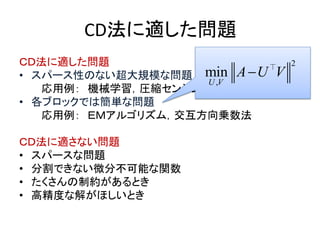 CD法に適した問題
ＣＤ法に適した問題
• スパース性のない超大規模な問題
応用例： 機械学習，圧縮センシング
• 各ブロックでは簡単な問題
応用例： ＥＭアルゴリズム，交互方向乗数法
ＣＤ法に適さない問題
• スパースな問題
• 分割できない微分不可能な関数
• たくさんの制約があるとき
• 高精度な解がほしいとき
2
,
min
U V
A U V
 