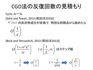 CGD法の反復回数の見積もり
Cyclic ルール
[Saha and Tewari, 2013 (初出は2010)]
の非対角成分が非負で，特別な初期点から始めたら
[Beck and Tetruashvili, 2013 (初出は2012)]
1
O

 
 
 
O
n

 
 
 
2
( )f x
2 2
1 t
t
L
O
n

 
 
 
1
,t
L
 
  
1
t
L

1
t
nL
 O
n

 
  
 
はステップ幅
 