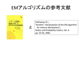 EMアルゴリズムの参考文献
と
Hathaway, R.J.,
“Another interpretation of the EM algorithm
for mixture distributions”,
Statics and Probability Letters, Vol. 4.
pp. 53-56, 1986.
 