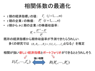相関係数の最適化
• t 期の経済指標 j の値：
• t 期の企業 i の株価：
• ｔ 期から ｔ+1 期の企業 i の株価収益率：
既存の経済指標から期待収益率が予測できたらうれしい．
多くの研究では となる f を推定
相関が強い新しい経済指標とポートフォリオができるととうれしそう．
( 1, , )t
jI mj 
( 1, , )t
iP ni 
1t t
t i i
i t
i
P P
R
P



1 2 1 2, , , , , ,) ( )( n mR f IIR R I 
強い相関
1( , , )t t
mI I I 1( , , )n
t t
R R R
 