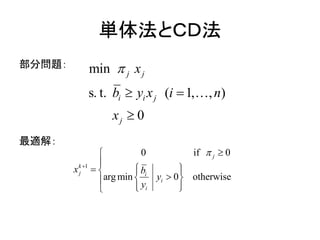 単体法とＣＤ法
部分問題：
最適解：
min
s. t. ,( 1 ),
0
j j
i i j
j
b n
x
y x i
x



1
0
arg
if 0
min 0 otherwise
j
k
j i
i
i
b
y
y
x



  




 
 




 