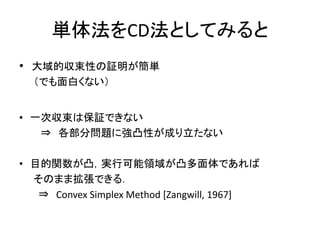 単体法をCD法としてみると
• 大域的収束性の証明が簡単
（でも面白くない）
• 一次収束は保証できない
⇒ 各部分問題に強凸性が成り立たない
• 目的関数が凸，実行可能領域が凸多面体であれば
そのまま拡張できる．
⇒ Convex Simplex Method [Zangwill, 1967]
 