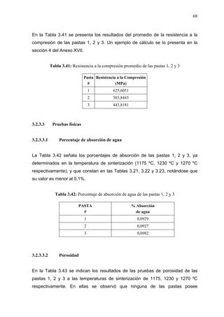 68
En la Tabla 3.41 se presenta los resultados del promedio de la resistencia a la
compresión de las pastas 1, 2 y 3. Un ejemplo de cálculo se lo presenta en la
sección 4 del Anexo XVII.
Tabla 3.41: Resistencia a la compresión promedio de las pastas 1, 2 y 3
Pasta
#
Resistencia a la Compresión
(MPa)
1 625,6051
2 503,8443
3 443,8181
3.2.3.3 Pruebas físicas
3.2.3.3.1 Porcentaje de absorción de agua
La Tabla 3.42 señala los porcentajes de absorción de las pastas 1, 2 y 3, ya
determinados en la temperatura de sinterización (1175 ºC, 1230 ºC y 1270 ºC
respectivamente), y que constan en las Tablas 3.21, 3.22 y 3.23, notándose que
su valor es menor al 0,1%.
Tabla 3.42: Porcentaje de absorción de agua de las pastas 1, 2 y 3
PASTA
#
% Absorción
de agua
1 0,0929
2 0,0927
3 0,0982
3.2.3.3.2 Porosidad
En la Tabla 3.43 se indican los resultados de las pruebas de porosidad de las
pastas 1, 2 y 3 a las temperaturas de sinterización de 1175, 1230 y 1270 ºC
respectivamente. En ellas se observó que ninguna de las pastas posee
 