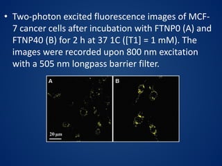 • Two-photon excited fluorescence images of MCF-
7 cancer cells after incubation with FTNP0 (A) and
FTNP40 (B) for 2 h at 37 1C ([T1] = 1 mM). The
images were recorded upon 800 nm excitation
with a 505 nm longpass barrier filter.
 