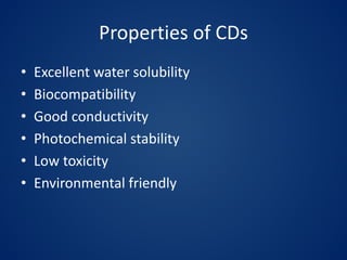 Properties of CDs
• Excellent water solubility
• Biocompatibility
• Good conductivity
• Photochemical stability
• Low toxicity
• Environmental friendly
 